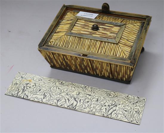 An Indian quill work box (a.f.) and 9 etched ivory Vizagapatam box panels 10 x 19cm